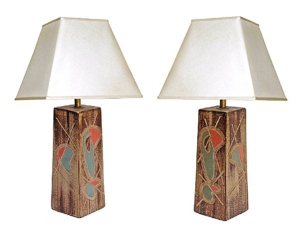 Appraisal: A pair of American glazed earthenware lamps circa attributed to