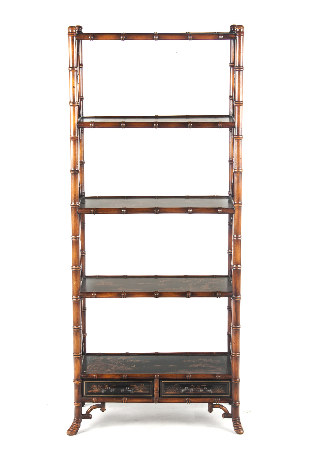 Appraisal: Chinoiserie style curio shelf five-tier shelf with bamboo style supports