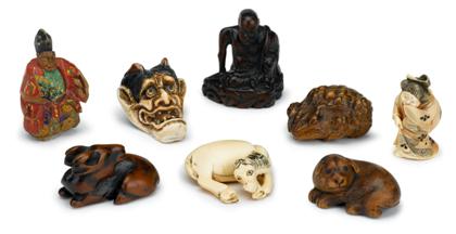 Appraisal: Collection of eight Japanese netsukeComprising examples carved from elephant ivory