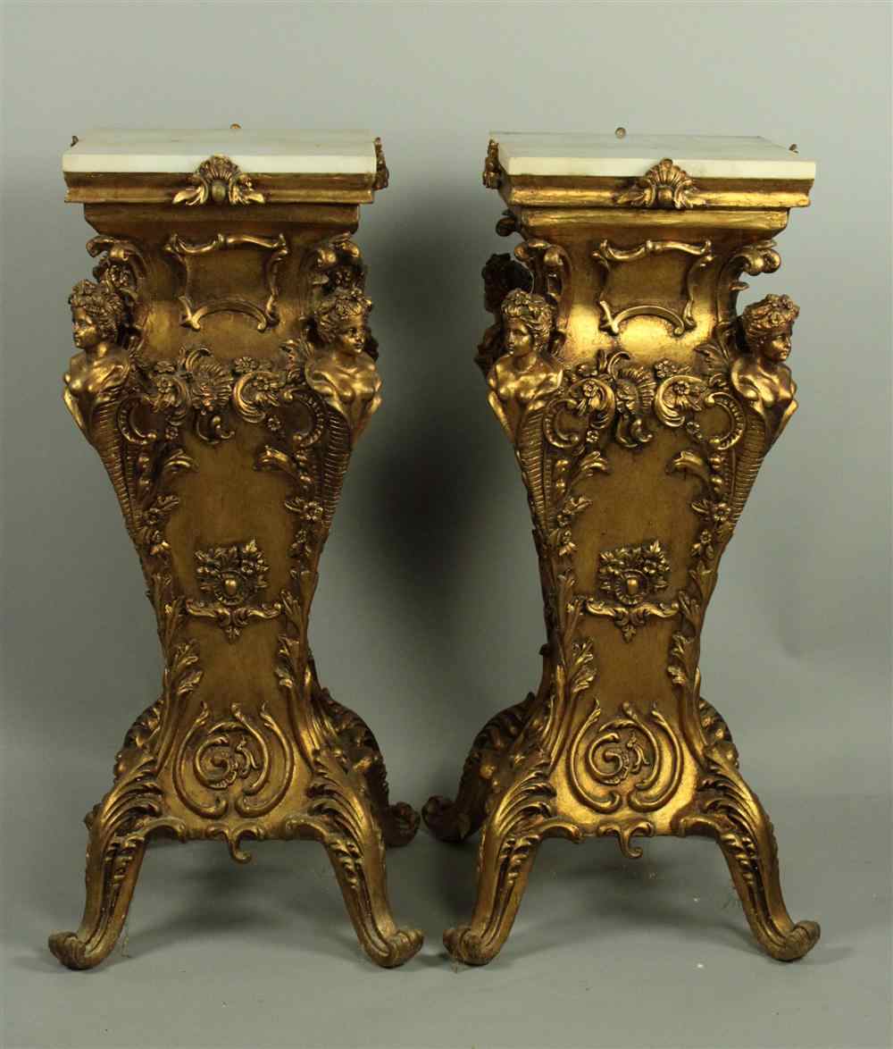 Appraisal: PAIR OF REGENCE STYL GILT AND MARBLE PEDESTALS each with