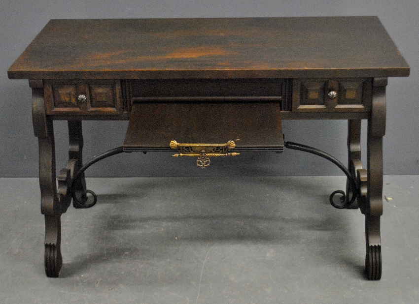 Appraisal: - Italian mahogany library desk with wrought iron stretcher base