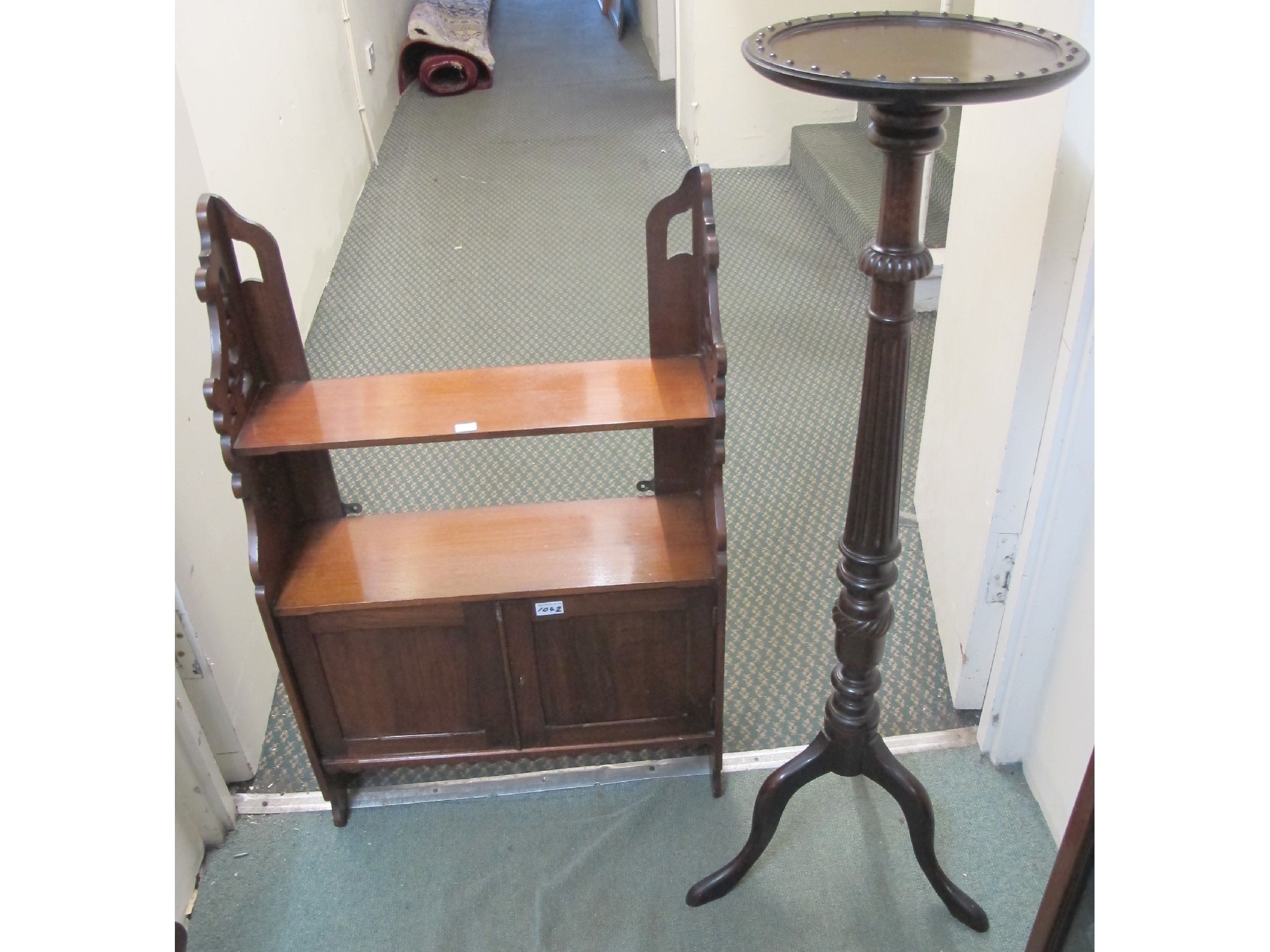 Appraisal: A mahogany wall shelf and cupboard together with a mahogany