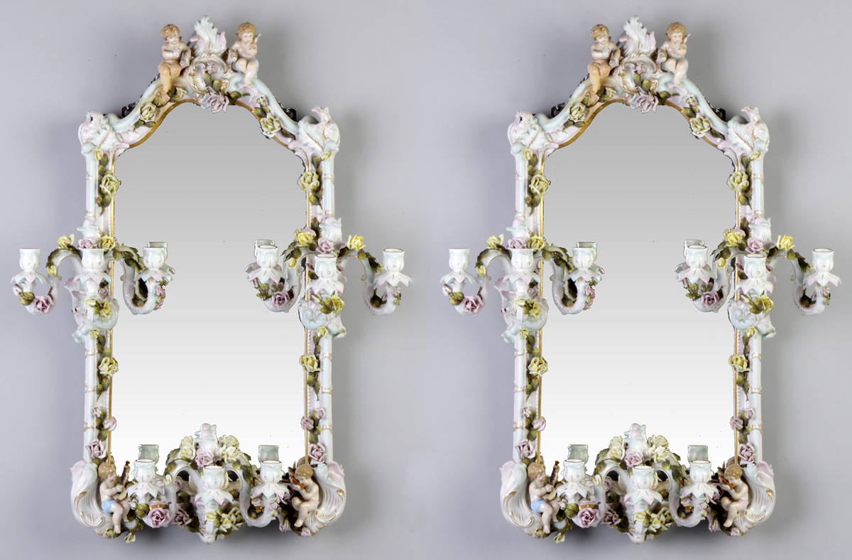 Appraisal: Pair of German Porcelain Candelabra Mirrors C