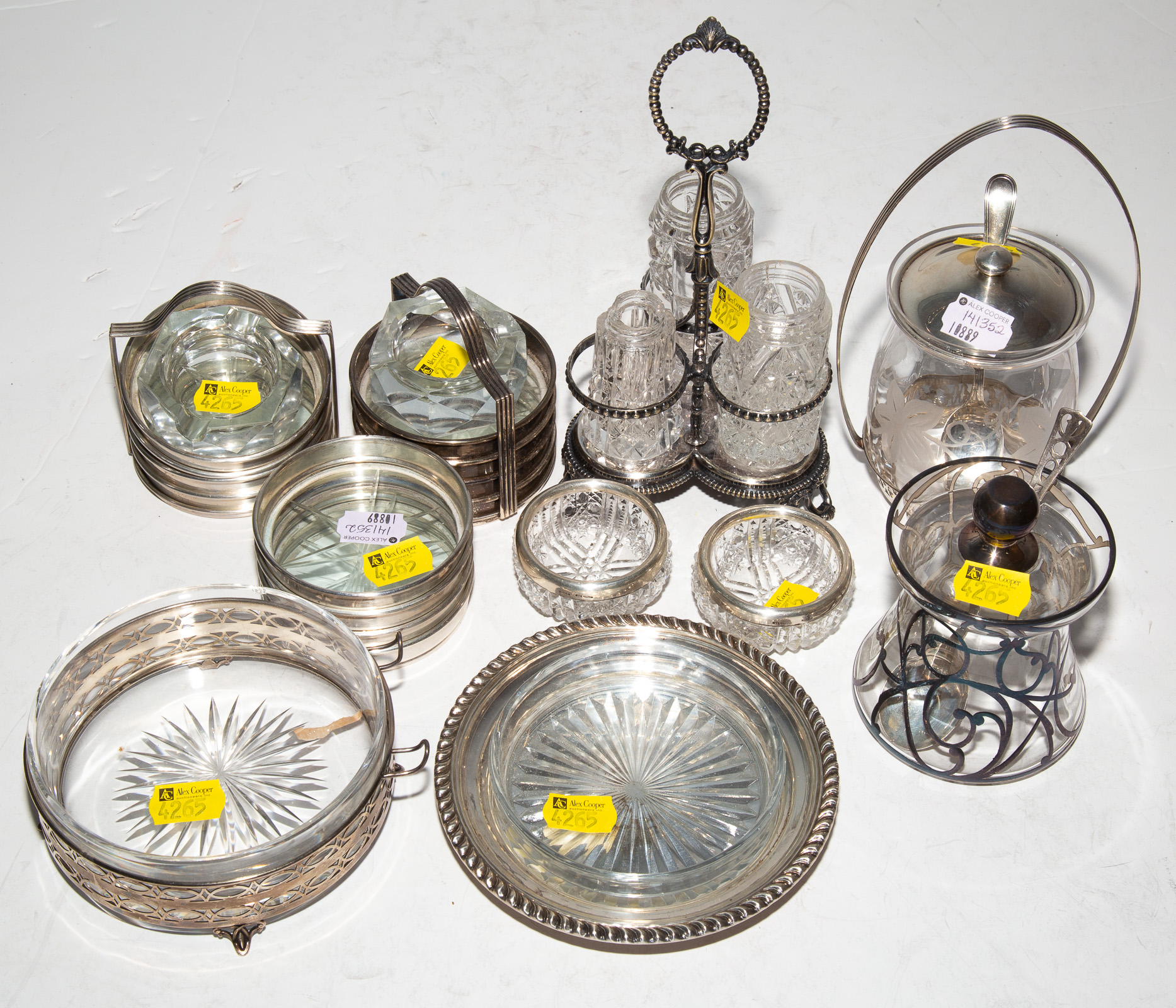 Appraisal: GROUP STERLING-MOUNTED GLASS TABLEWARE Including a Birks dish with glass