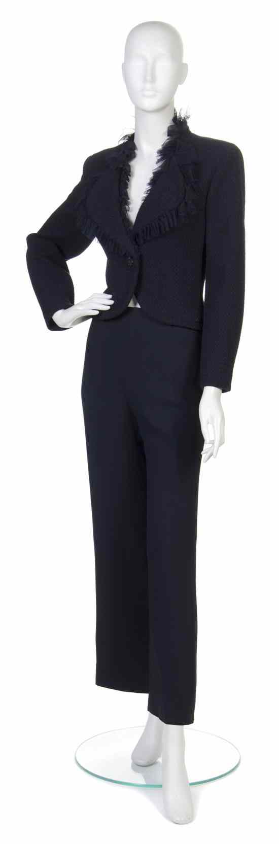 Appraisal: A Chanel Navy Pant Suit chainweighted boucle jacket with navy