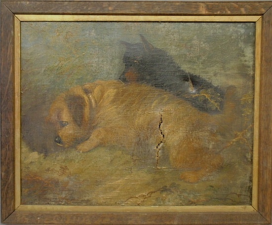 Appraisal: - Oil on canvas painting of two terriers at a