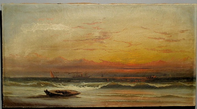 Appraisal: Oil on canvas painting of a bayscape at sunset with