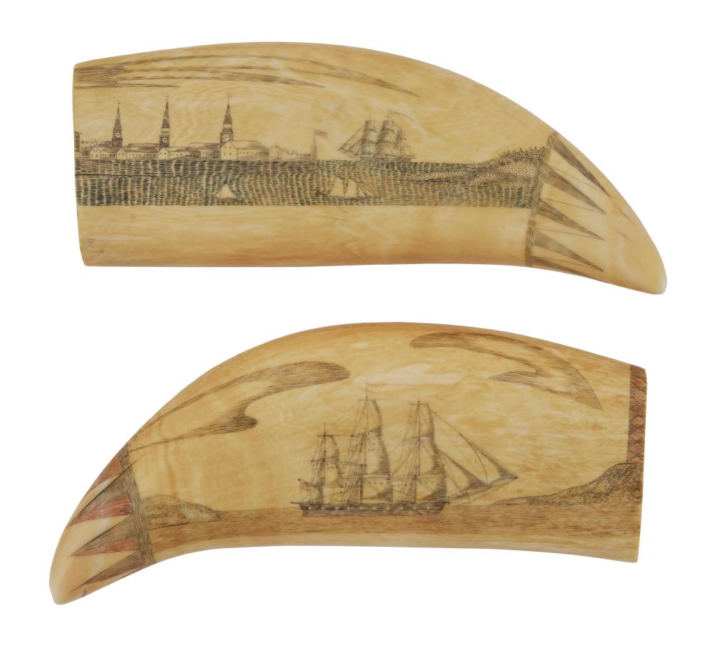 Appraisal: PAIR OF POLYCHROME SCRIMSHAW WHALE'S TEETH WITH RARE VOLCANO SCENE