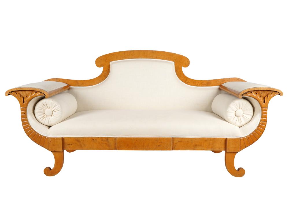 Appraisal: BIEDERMEIER SETTEEbirch covered with later cream-colored linen with gimp trim