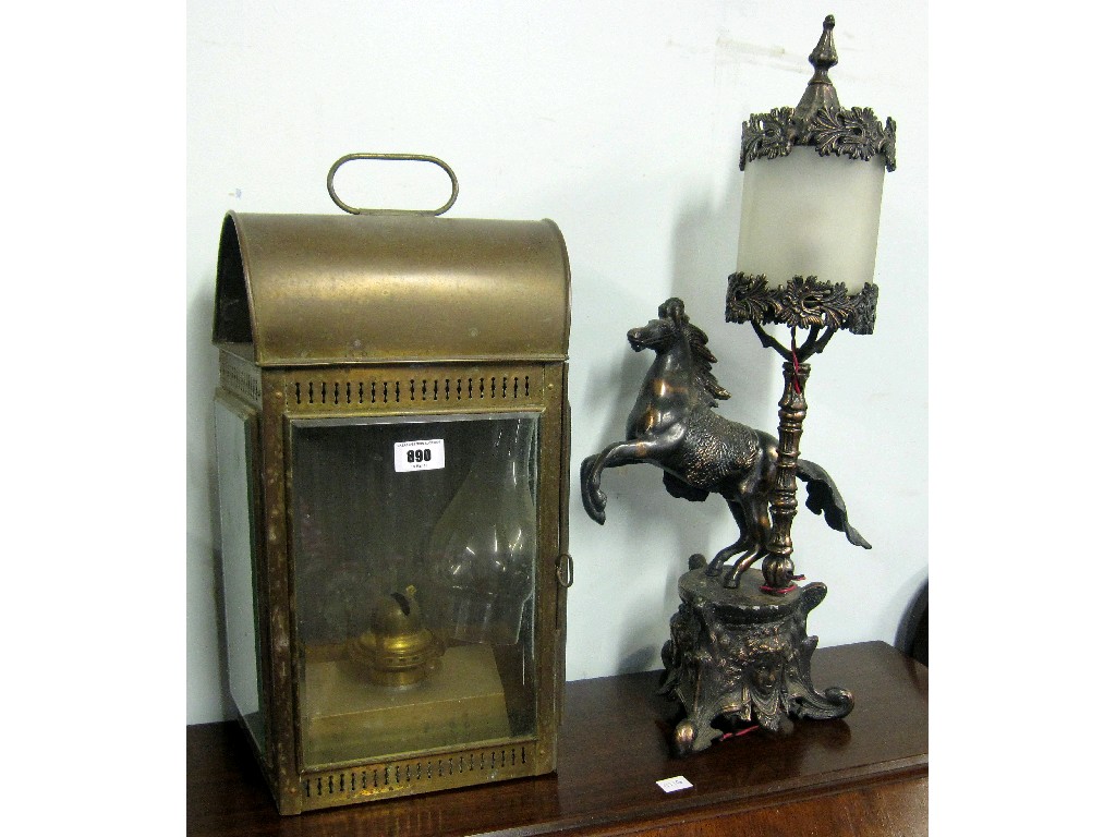 Appraisal: Lot comprising brass cased carriage lamp and a modern figural