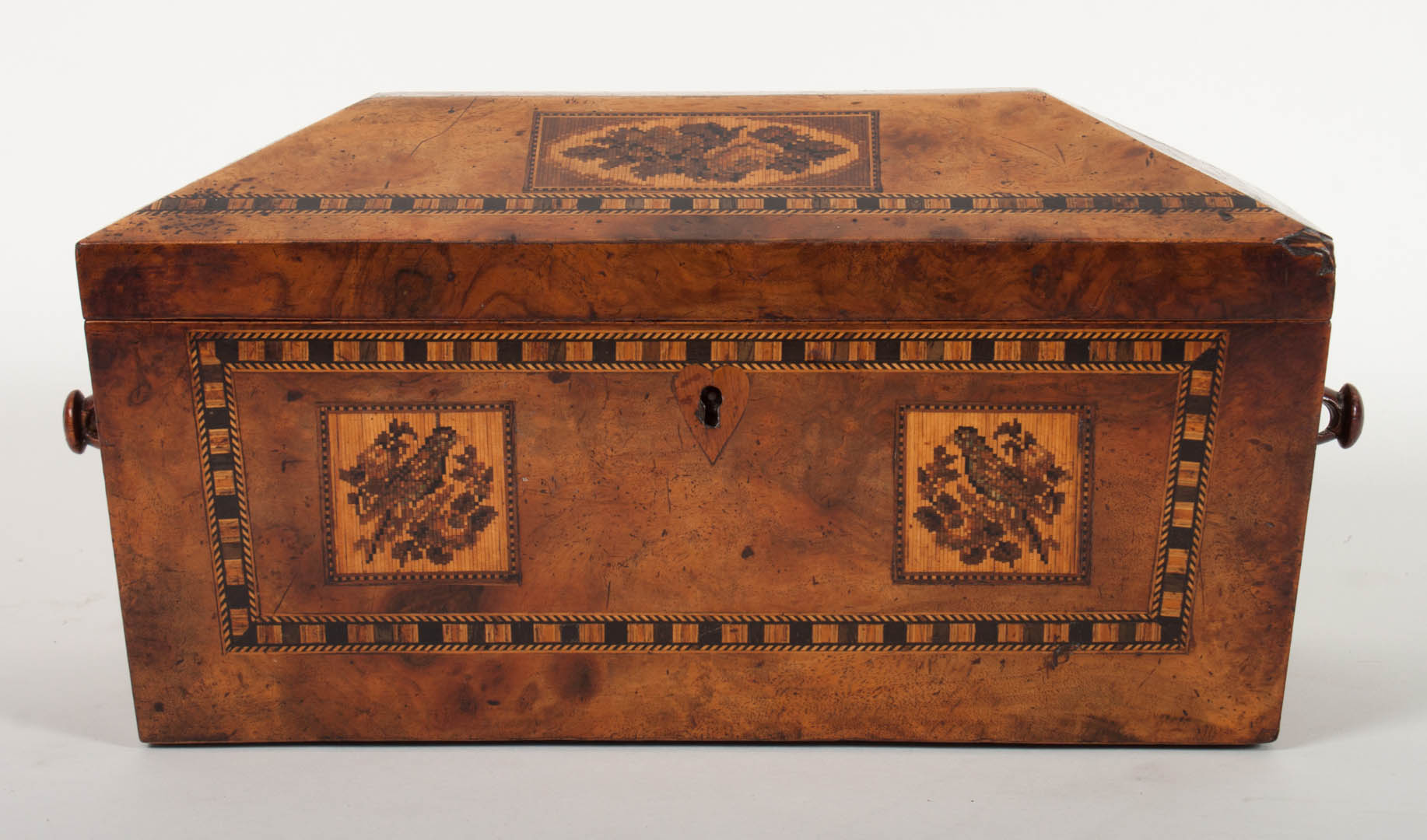 Appraisal: Regency inlaid burl walnut tea caddy circa with string and