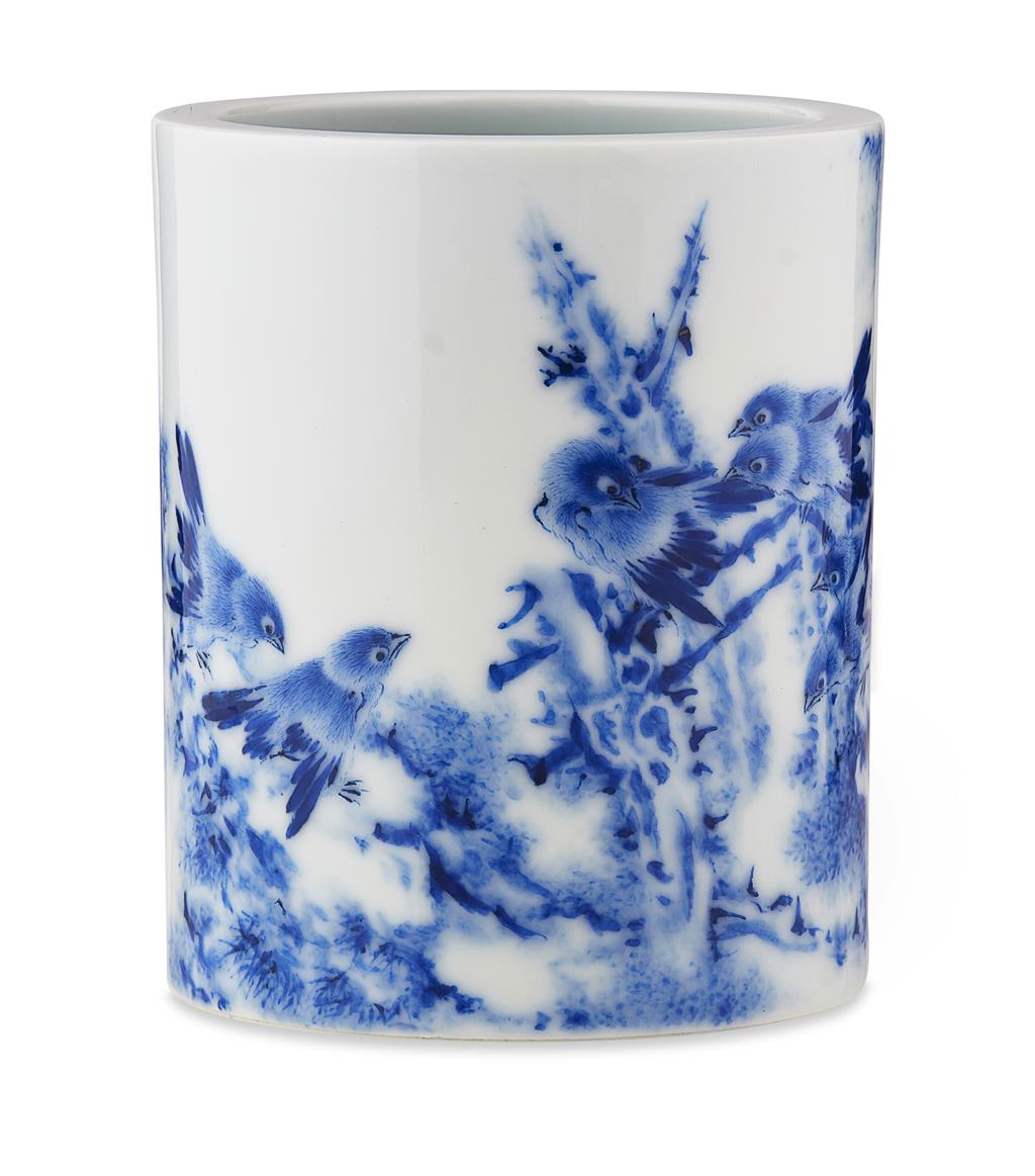 Appraisal: BLUE AND WHITE BRUSH POT ATTRIBUTED TO WANG BU -