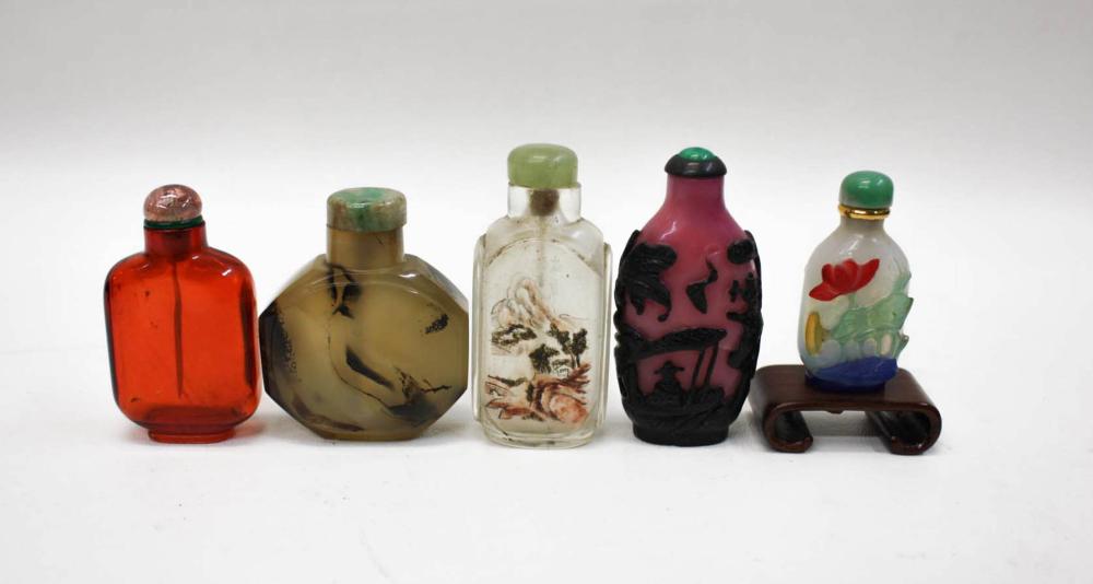 Appraisal: FIVE CHINESE SNUFF BOTTLES of various forms and motifs materials