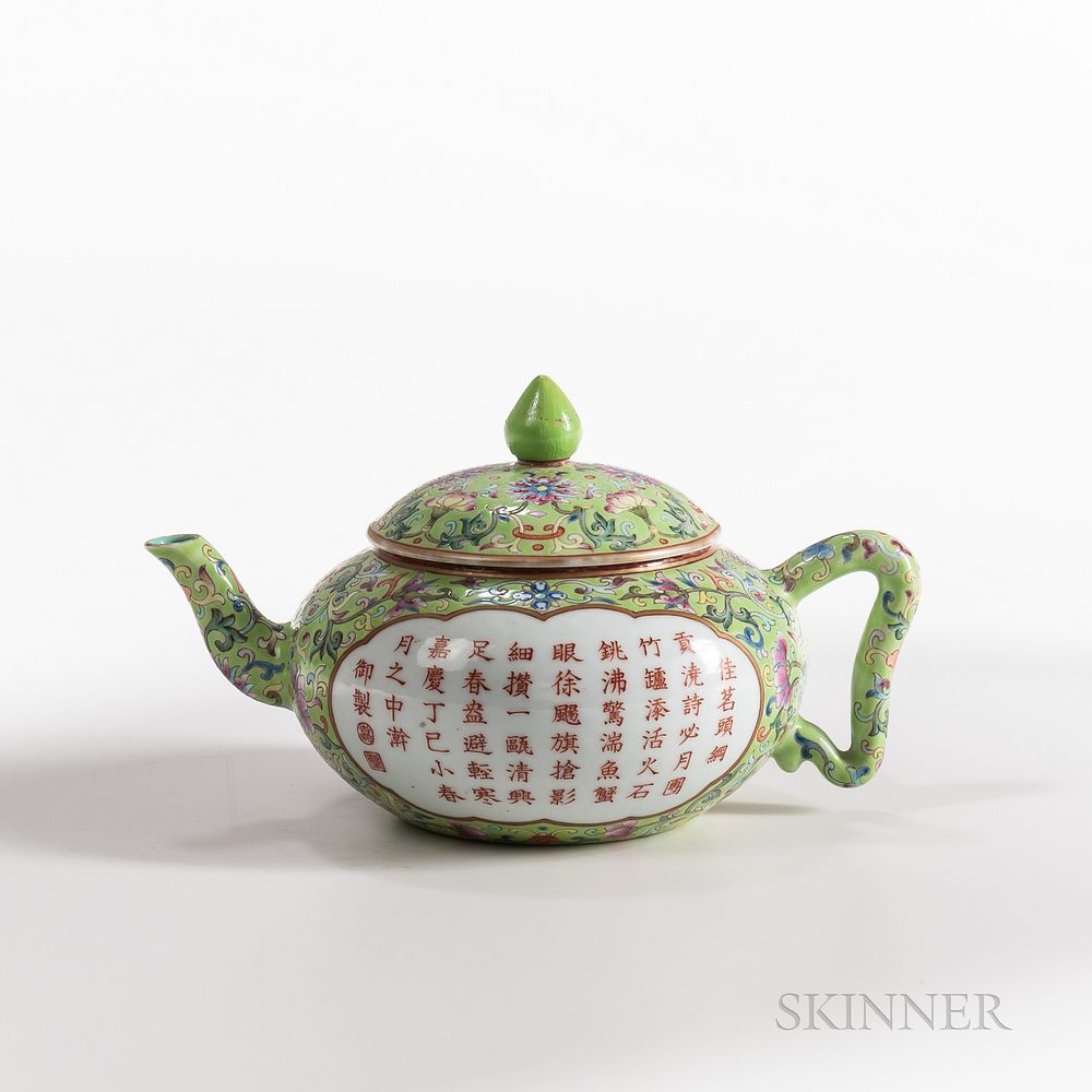 Appraisal: Lime Green-ground Famille Rose Teapot Lime Green-ground Famille Rose Teapot