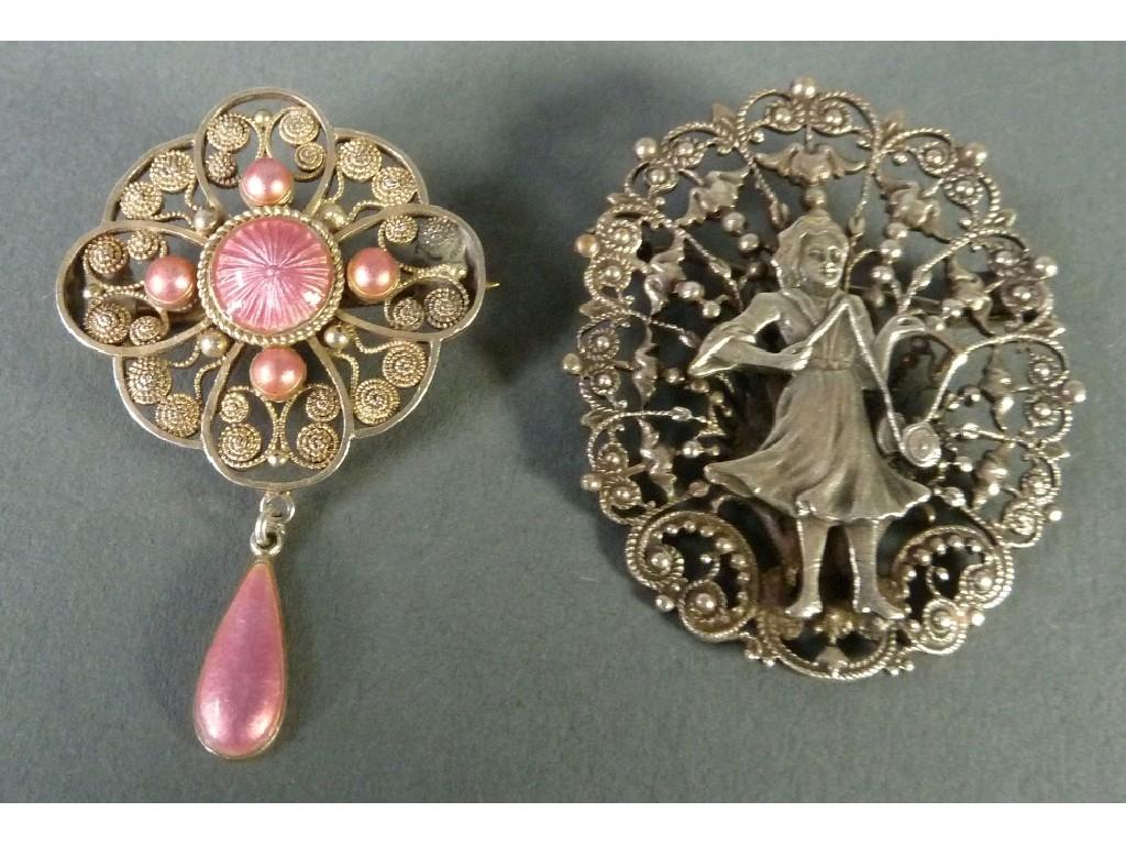 Appraisal: STERLING SILVER FILIGREE AND PINK GUILLOCHE ENAMELLED QUATREFOIL BROOCH with