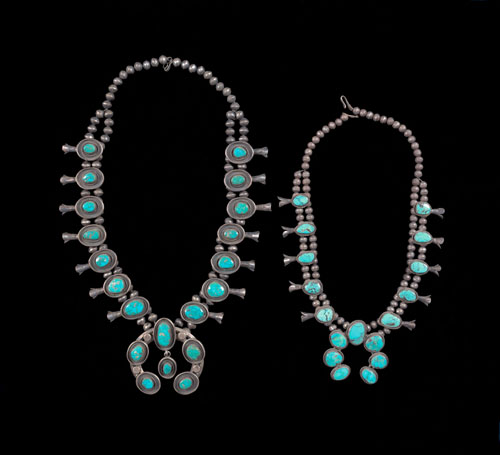 Appraisal: Two silver and turquoise squash blossom necklaces with horseshoe shaped