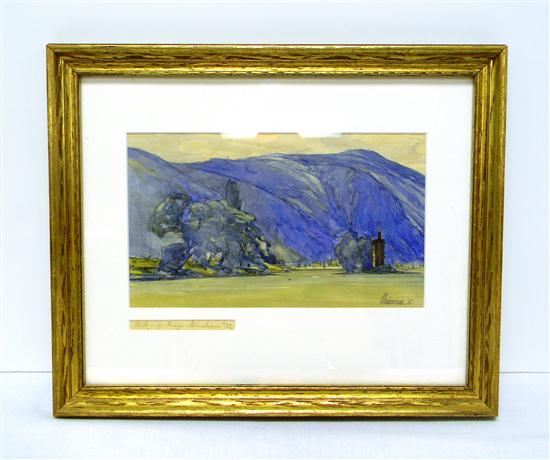 Appraisal: Rauinau ' watercolor gouache on paper landscape mountains and river