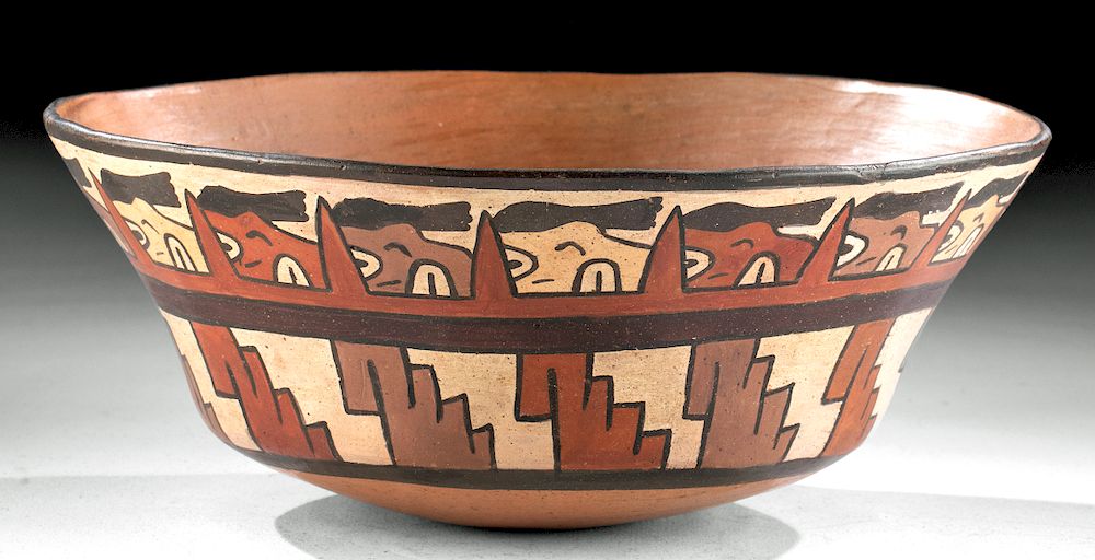 Appraisal: Nazca Polychrome Dish with Trophy Heads Pyramid Steps Pre-Columbian southern