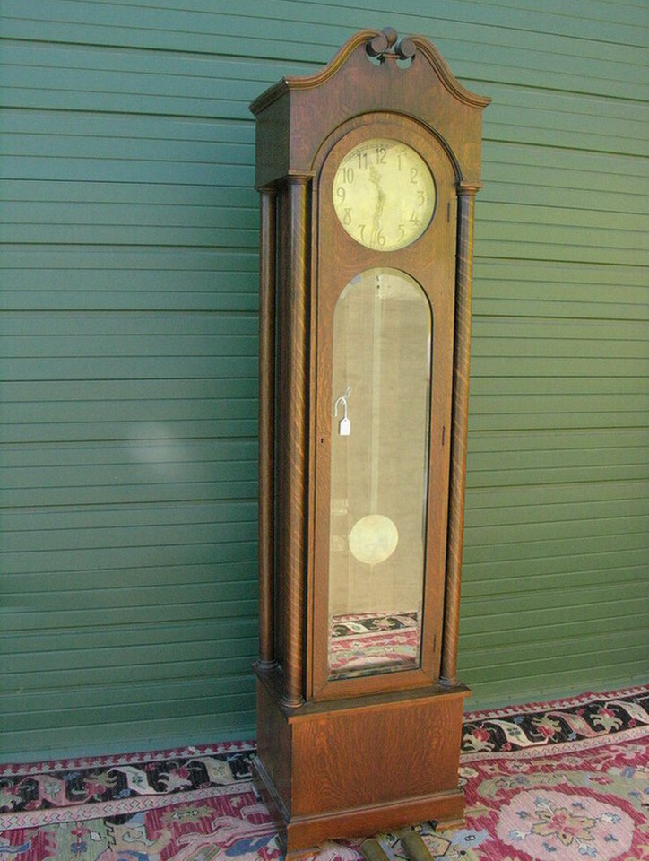 Appraisal: AMERICAN TIGER OAK TALL CASE GRANDFATHER CLOCK Beveled door glass