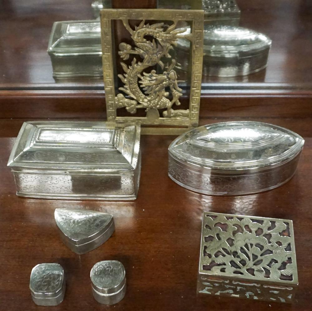 Appraisal: GROUP OF SILVERPLATE TABLE BOXES AND DRAGON PANELGroup of Silverplate