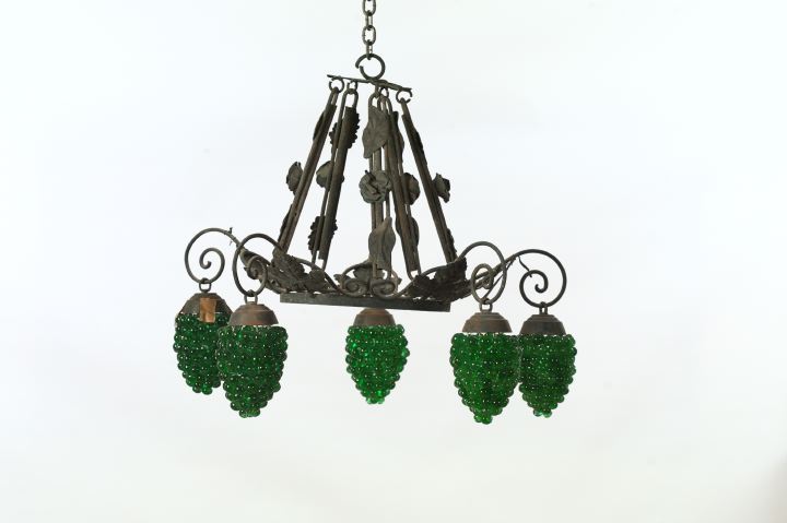 Appraisal: Wrought-Iron and Stamped Metal Five-Light Chandelier in a floral and