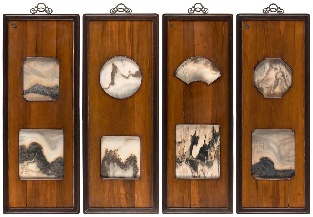 Appraisal: FOUR CHINESE DREAMSTONE AND FIGURED WOOD PANELS LATE TH EARLY