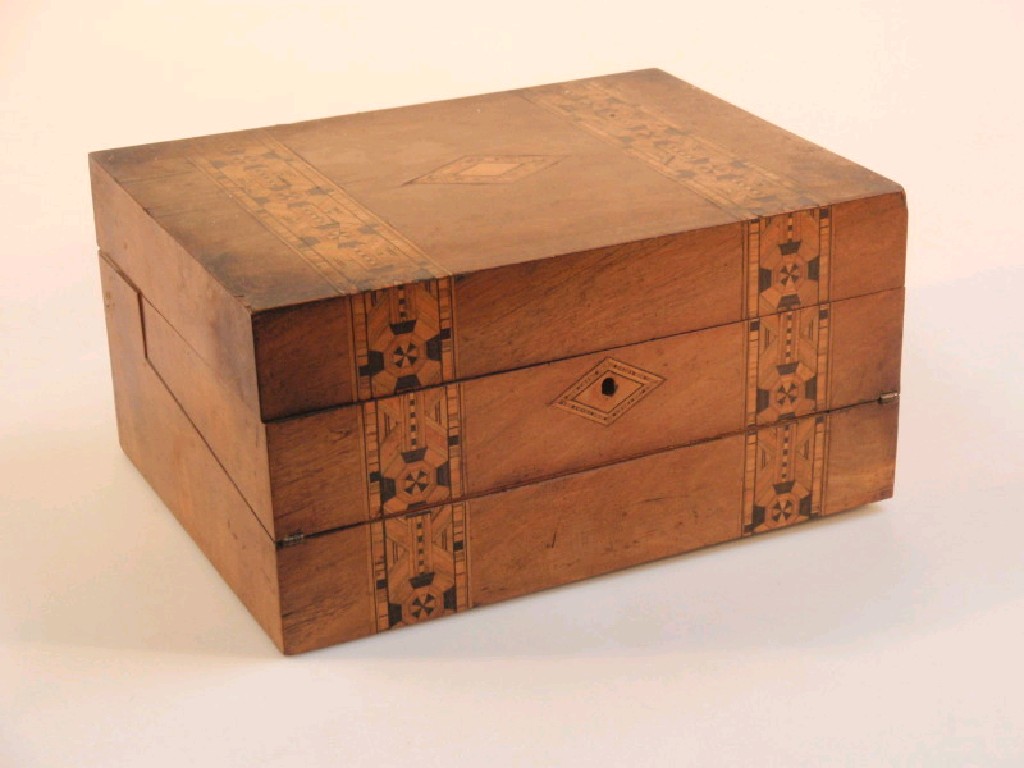 Appraisal: A Victorian walnut work box and writing slope inlaid with