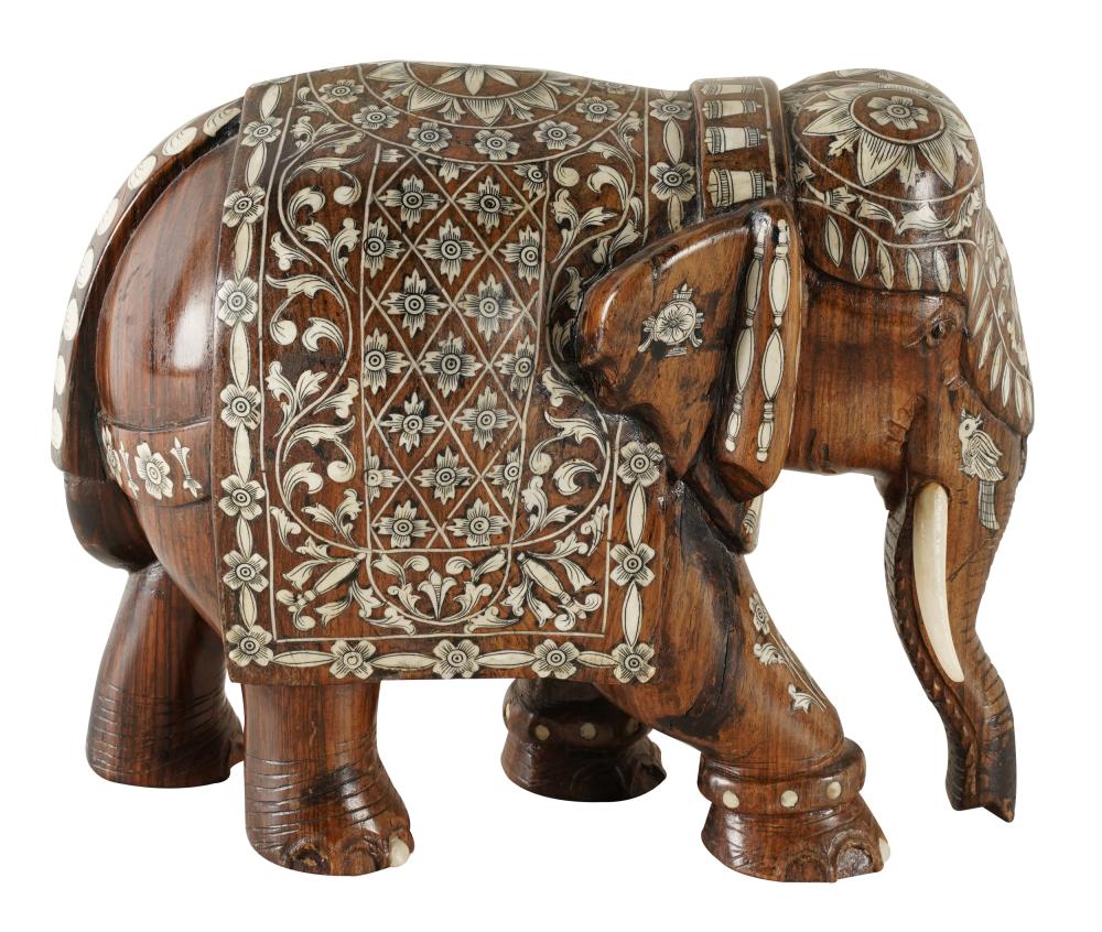 Appraisal: INLAID CARVED WOOD ELEPHANTProvenance Estate from The Wilshire Los Angeles