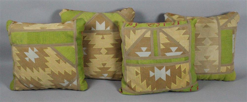 Appraisal: FOUR COORDINATING DECORATIVE PILLOWS WITH GEOMETRIC COTTON KELIM COVERS patchwork