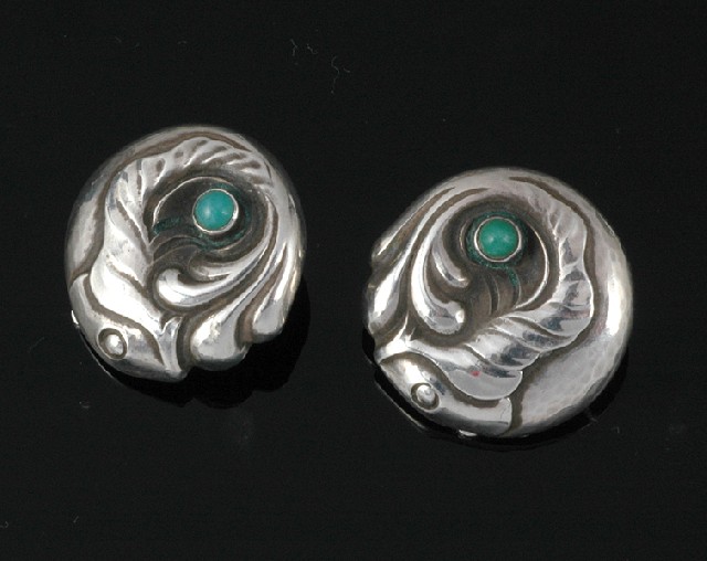 Appraisal: A PAIR OF GEORG JENSEN SILVER AND AMAZONITE EARRINGS Modelled