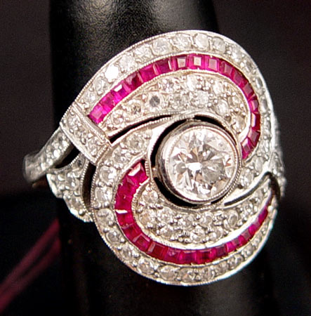 Appraisal: ANTIQUE PLATINUM RUBY DIAMOND RING CA - Platinum ring centering