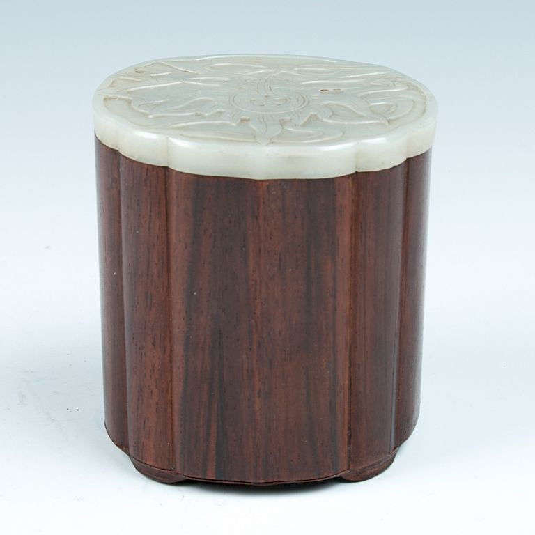 Appraisal: WOOD FLORAL ROUNDED CASE WITH JADE COVER Of cylindrical form