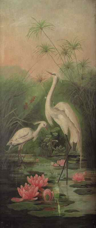 Appraisal: HERONS IN FLORIDA LILY POND LANDSCAPE OIL CANVAS '' x