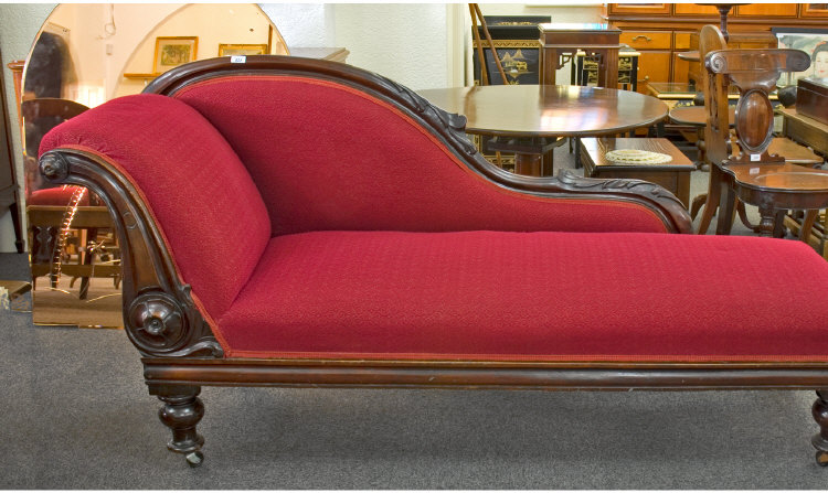 Appraisal: Victorian Mahogany Framed Chaise Longue With Carved Frame Red Upholstered