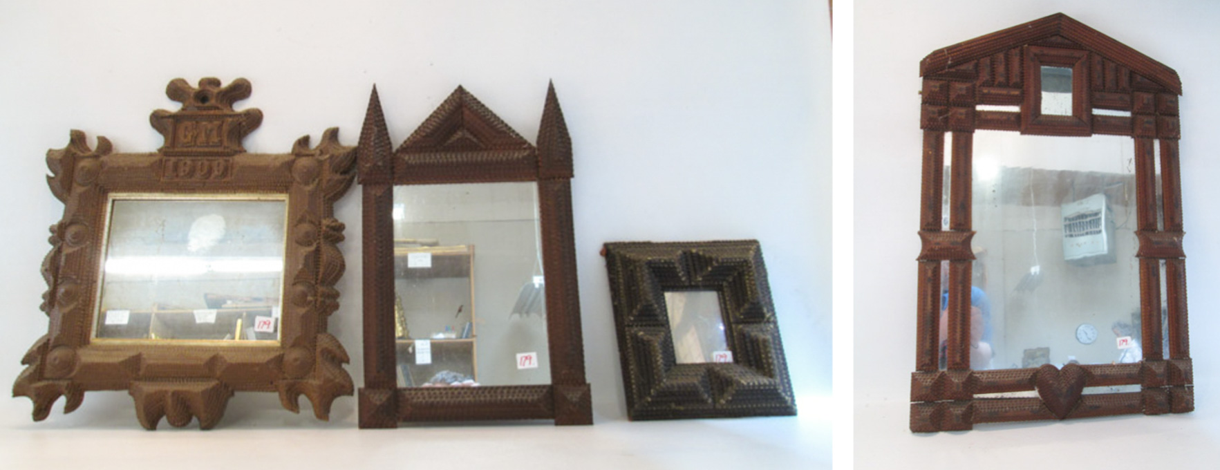 Appraisal: FOUR TRAMP ART FRAMED MIRRORS whittled wood pieced and layered