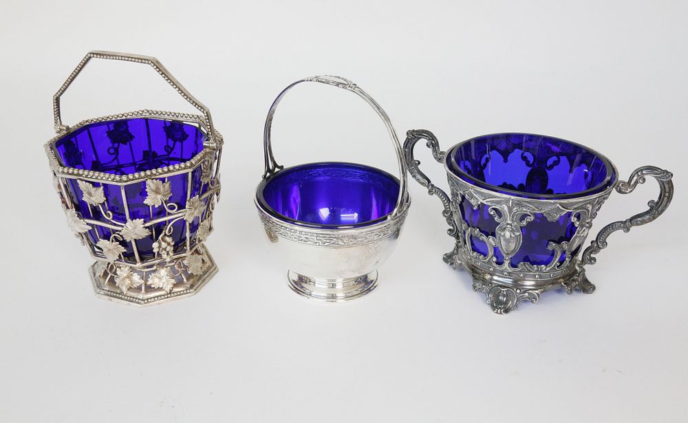 Appraisal: Antique Sterling Silver and Plated Cobalt Lined Baskets Antique Sterling