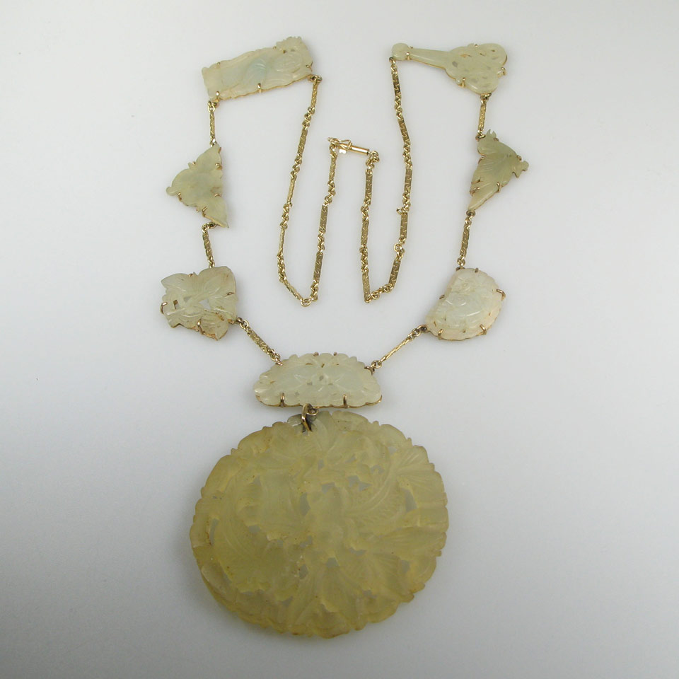 Appraisal: k Yellow Gold Necklace set with carved and pierced jade