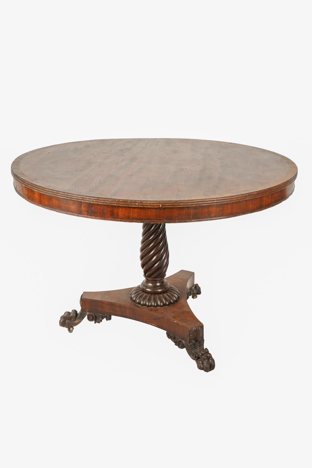 Appraisal: REGENCY CARVED MAHOGANY TEA TABLEearly th century the round top