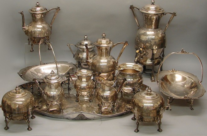 Appraisal: Silver plate service includes tray coffe and tea pots creamer