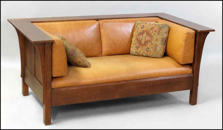 Appraisal: CONTEMPORARY STICKLEY LOVE SEAT SETTLE Quarter sawn oak with leather