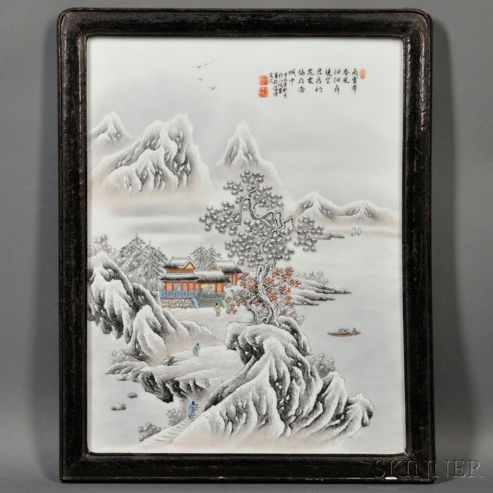 Appraisal: Framed Plaque of a Snowy Scene China with pavilions and