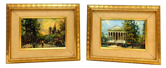 Appraisal: Pair Mid-Century Parisian oils on Masonite depicting street scenes the