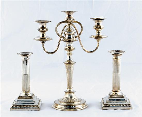 Appraisal: English silverplate candlesticks candelabra and wine coaster pair of candlesticks