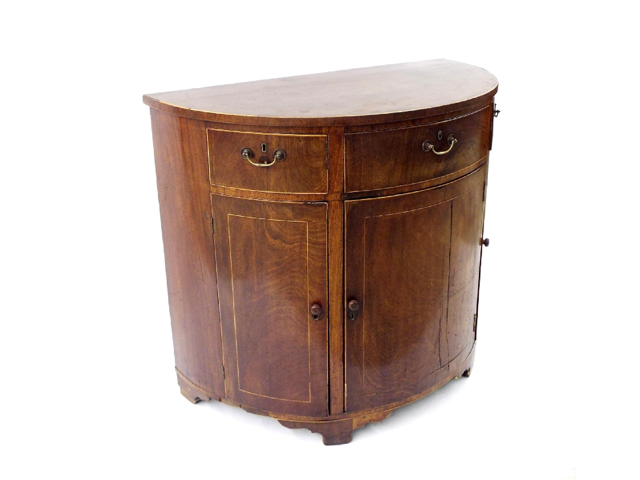 Appraisal: Early th century mahogany and boxwood demi-lune side cabinet fitted