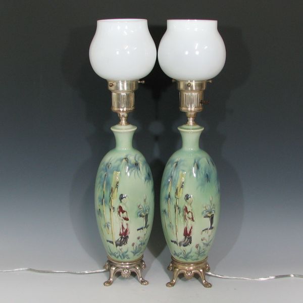 Appraisal: Pair of Vontury attribution lamps with geishas and Oriental-influenced decoration