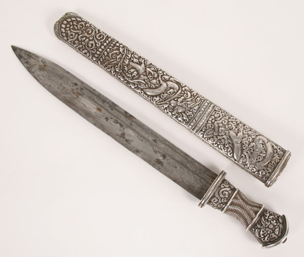 Appraisal: Mongolian hand forged silver short sword single-edged straight blade wood-lined