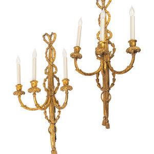 Appraisal: A Pair of Louis XVI Style Giltwood Three-Light Sconces EARLY