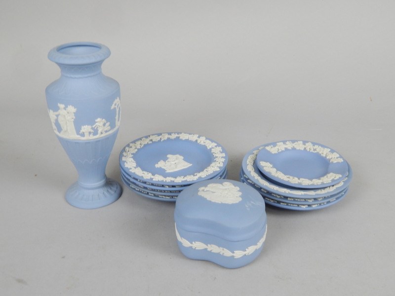 Appraisal: Various Wedgwood blue Jasperware comprising a quantity of saucers cm