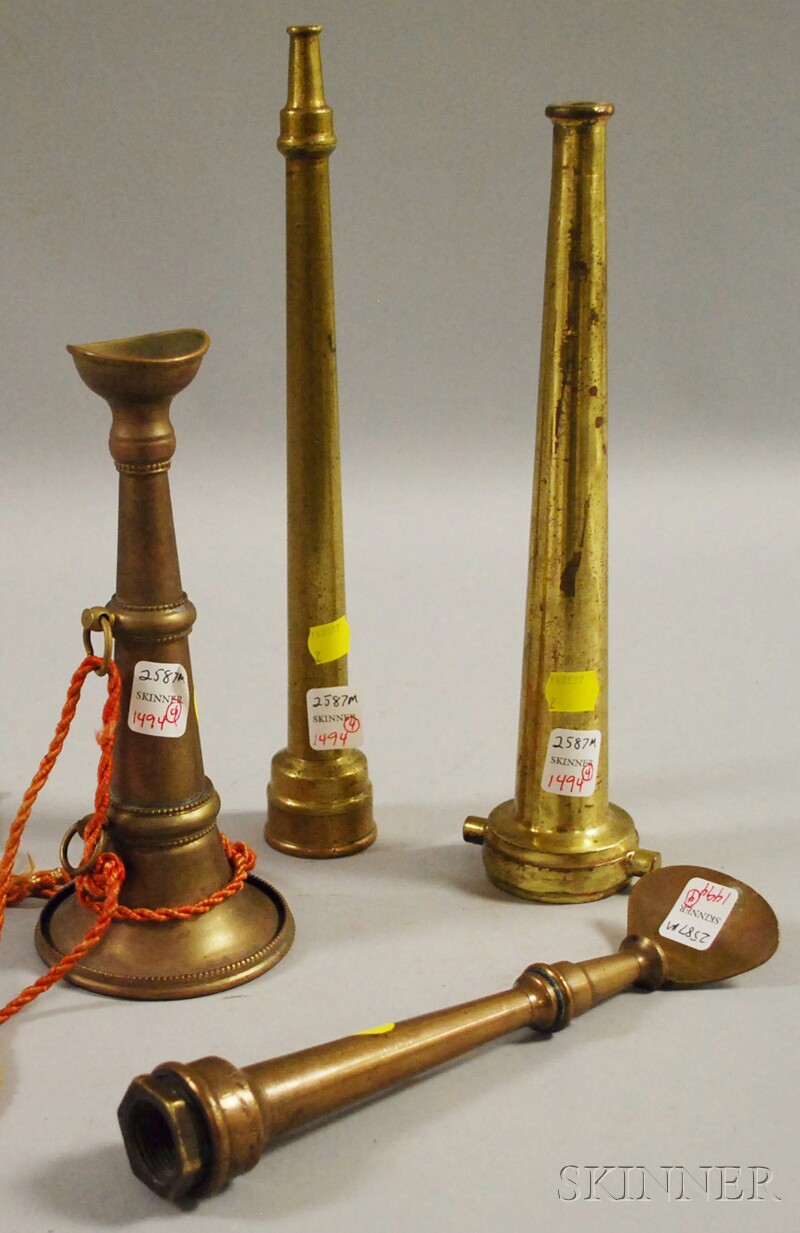 Appraisal: Three Small Brass and Bronze Firefighting Hose Nozzles and a