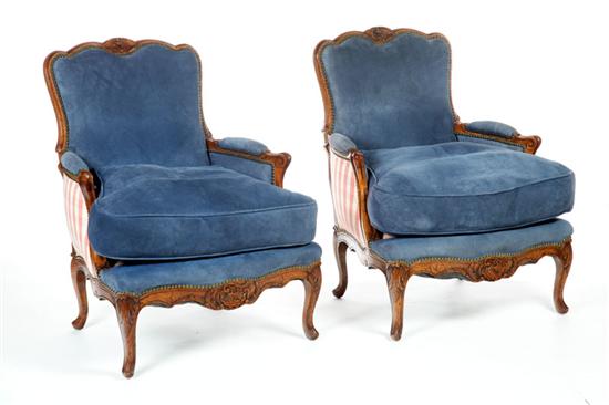 Appraisal: PAIR OF LOUIS XV-STYLE ARMCHAIRS OR BERGERES France th century